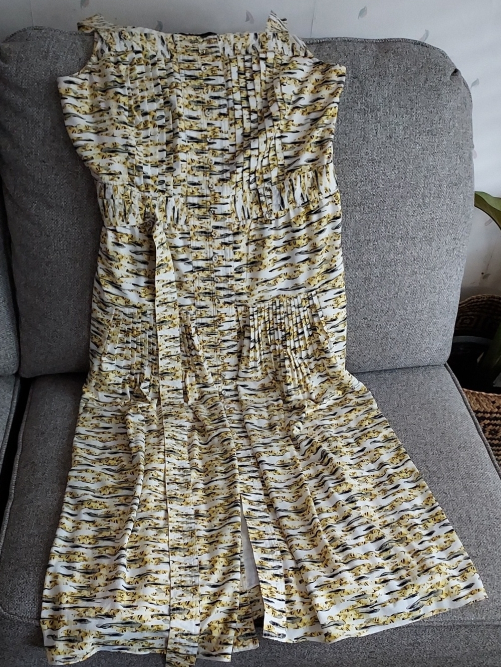 White House Black Market Yellow and White Printed Pleated Midi Dress